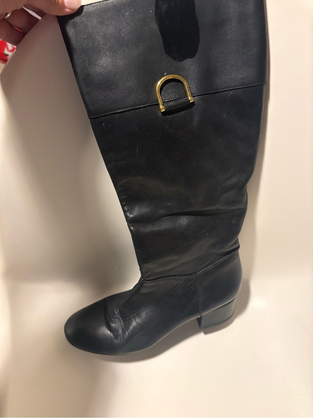 Ralph Lauren Black Leather Knee-High Boots with Gold D-Ring